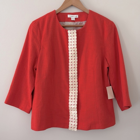 New Coldwater Creek Shell Embellished Jacket Orange Hopsack Snap Front Size 12 - Picture 2 of 15